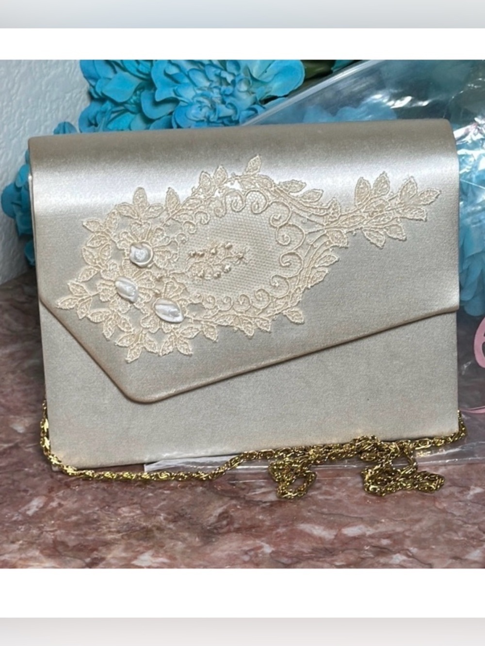 50’s DYEABLES Gold Satin Lace Roses Gold Chain Beaded Clutch Like New Never Used